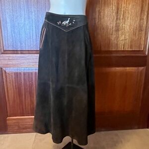 Vintage Trachten Brown Suede Embroidered Folk Skirt A-line S-M